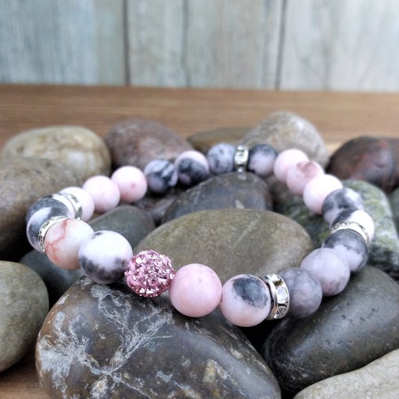 Jewelry - Pink Jasper and Rhinestone Ball beaded Stretch Bracelet